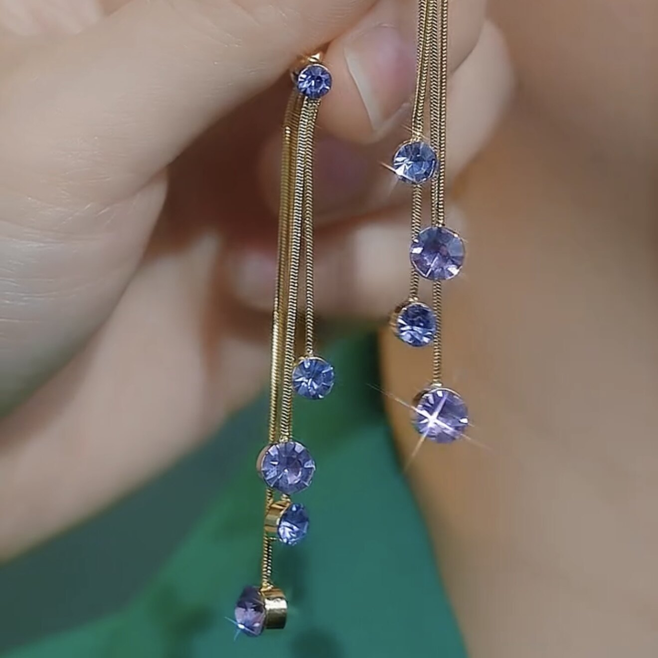Long Tassel Earrings with Purple Crystal Spheres