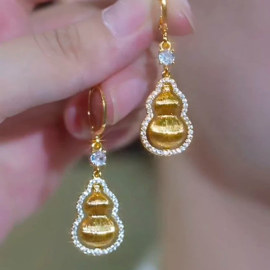 Golden Gourd Earrings with Diamond Inlay for Good Fortune
