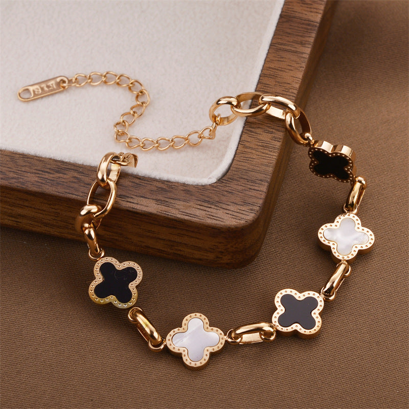 Temperament Black And White Four-leaf Clover Titanium Steel Bracelet For Women