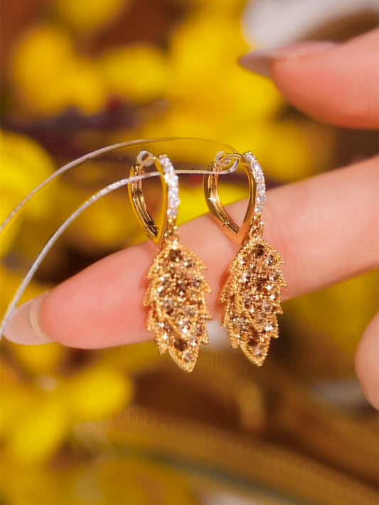 Fashionable Caramel Color Double Leaf Earrings With Diamonds Women's Accessories