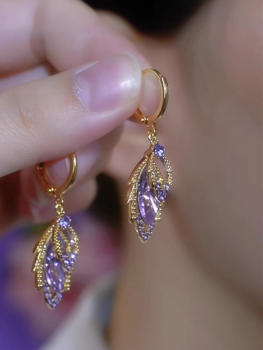 Purple Zircon Leaf Earrings For Women Elegant Style