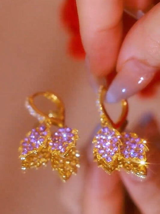 Golden Branches and Jade Leaf Earrings High-end Purple Diamond Leaf Earrings