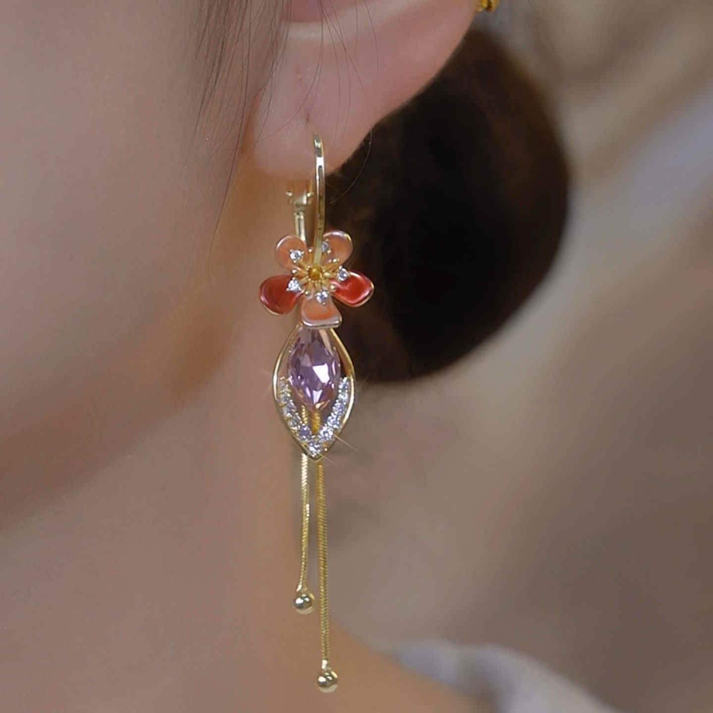 Women's Affordable Luxury Floral Tassel Earrings with Rhinestone Chains