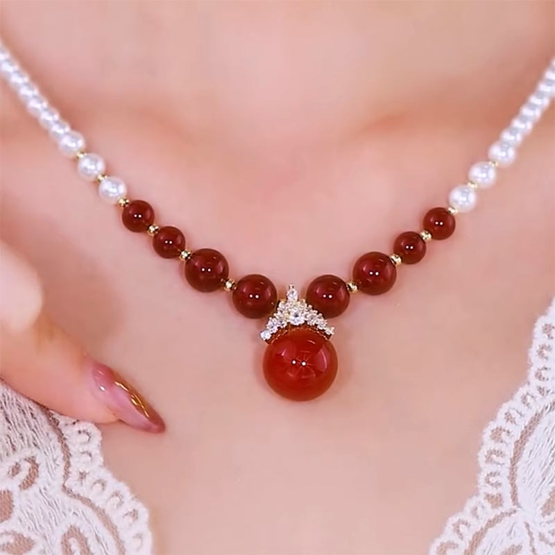 Red And White Pearl Necklace Light Luxury Women'S Fashion Jewelry