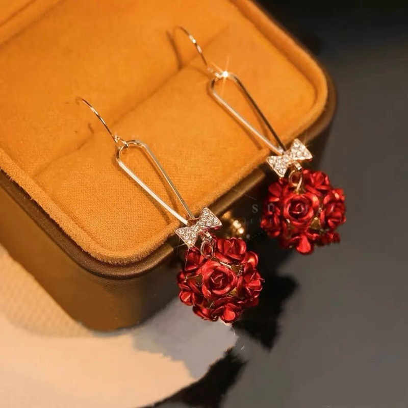 Long Red Rose Drop Earrings for Women – Elegant Floral Statement Earrings