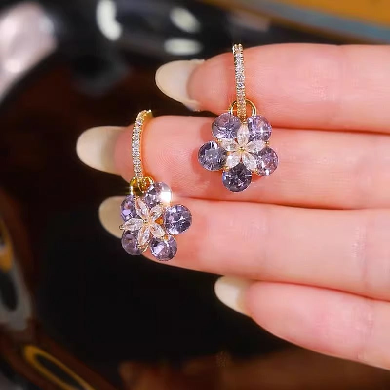 Purple Rhinestone Flower Earrings 925 Silver Needle Women's Accessories
