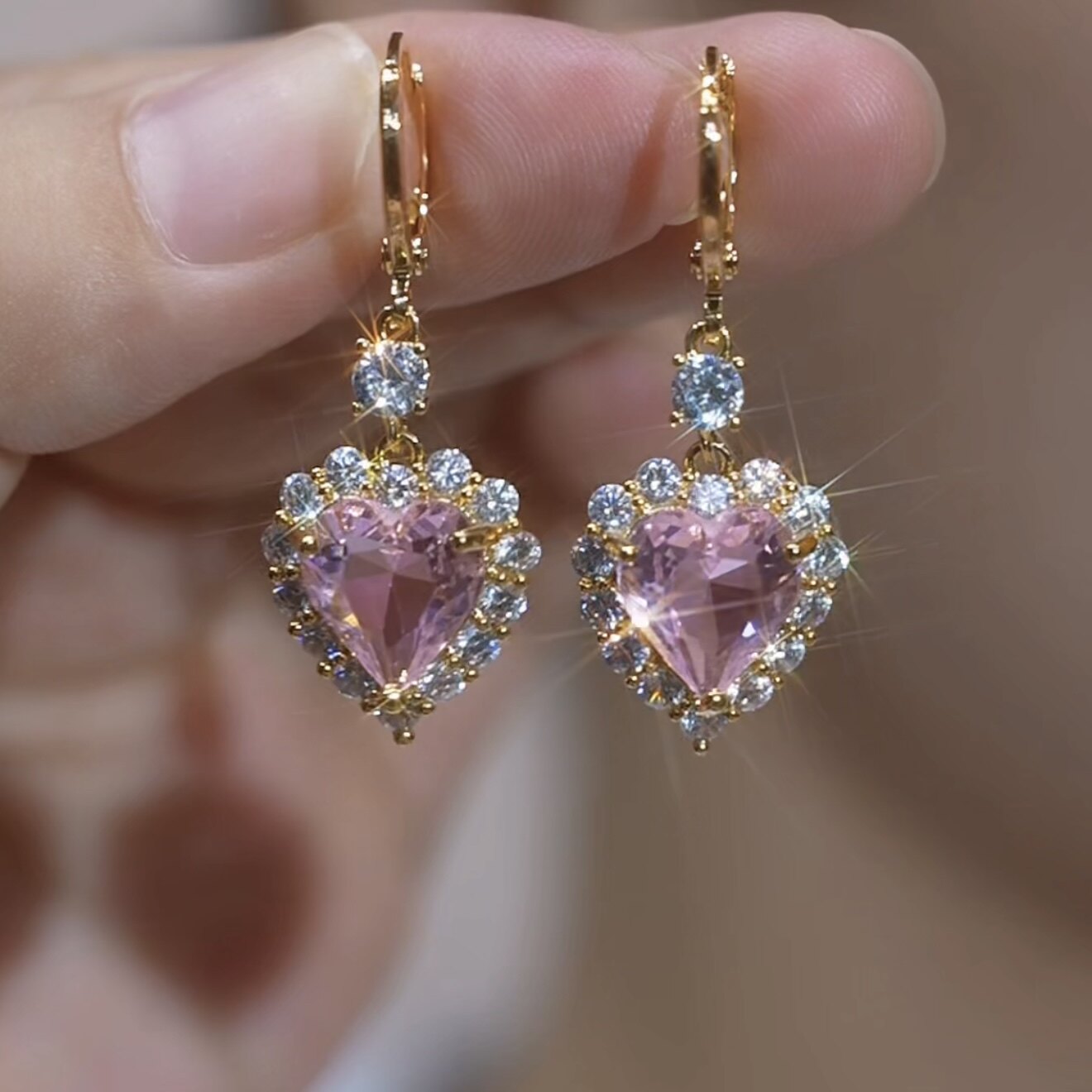 Pink Crystal Heart Hoop Earrings – Sparkling Rhinestone Elegant Luxury Jewelry
