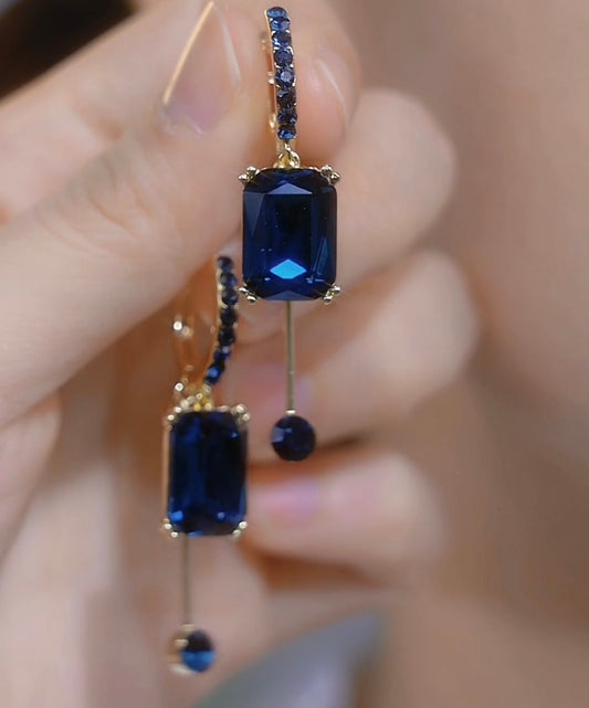 Blue Crystal Tassel Drop Earrings for Women – Elegant Square Design Luxury Dangle Earrings Lightweight Chic Jewelry