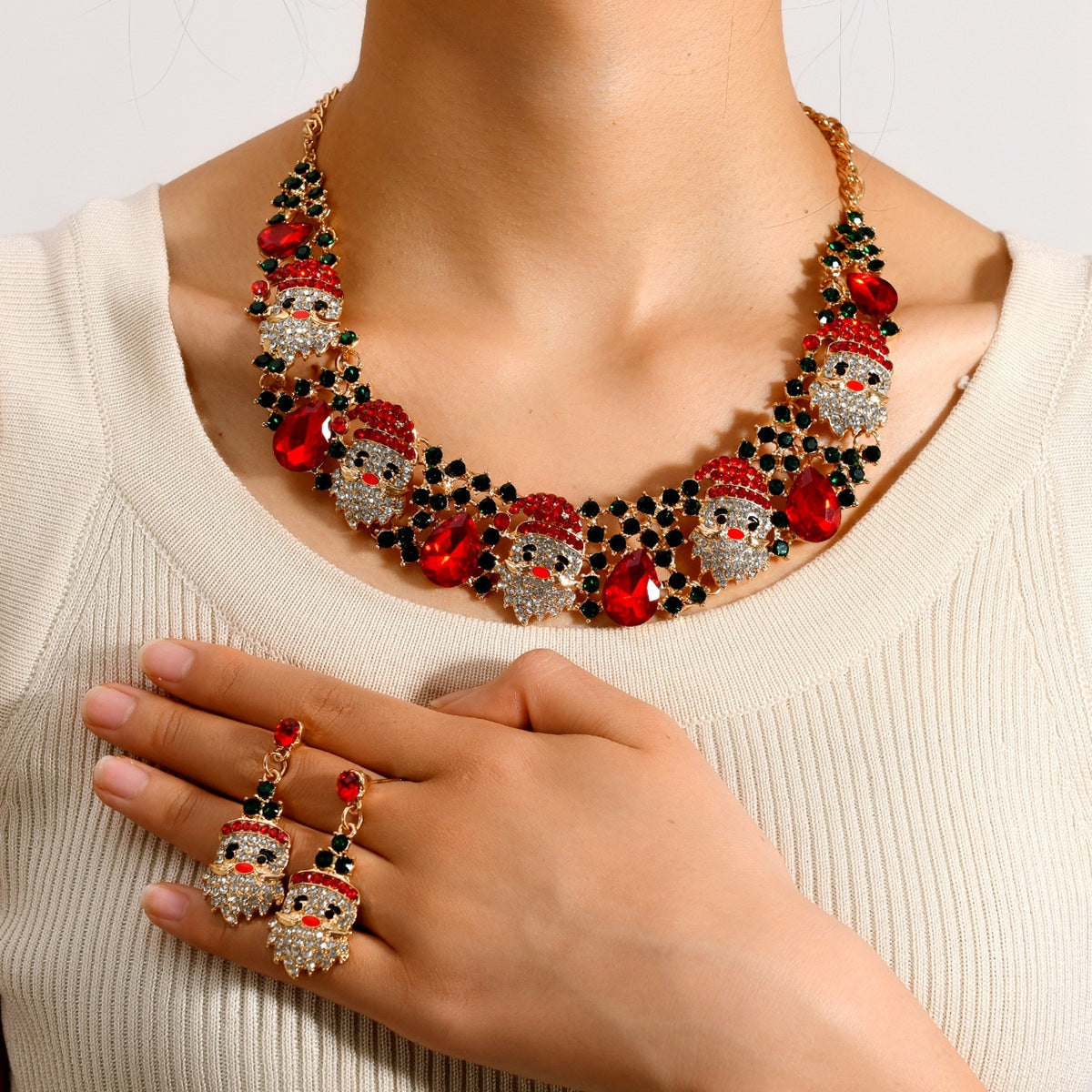 Conjunto de joyas navideñas, collar y pendientes de Papá Noel con diamantes de imitación y cristales brillantes a la moda