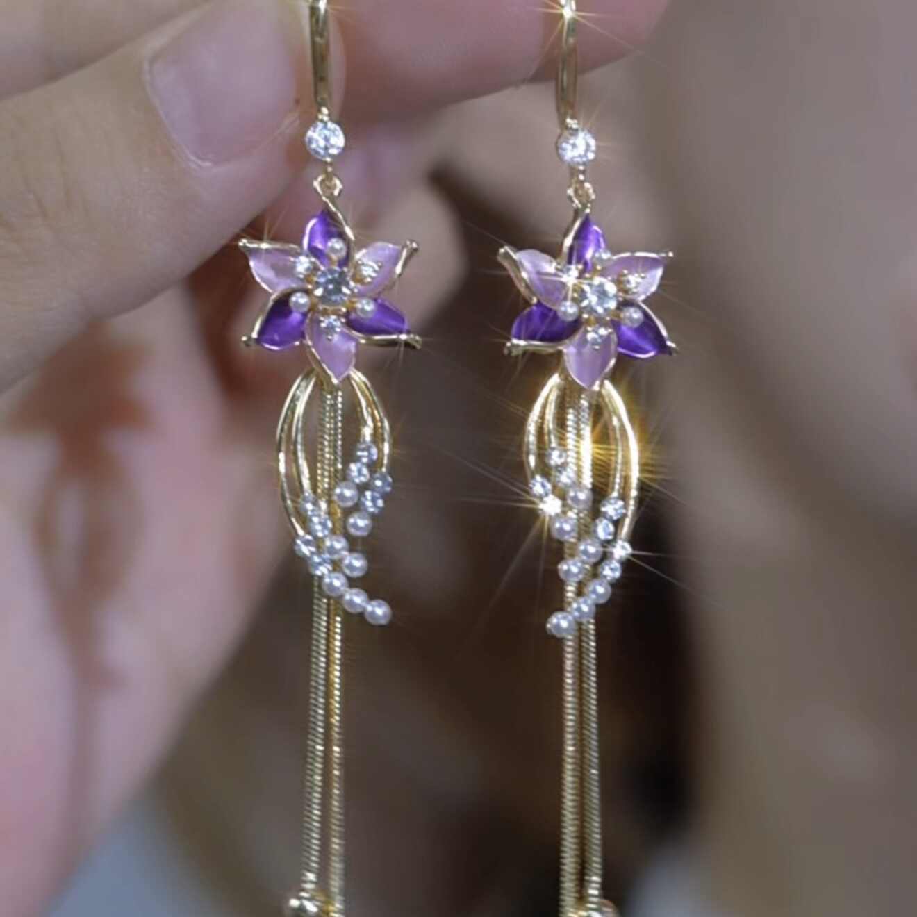 Purple Rhinestone-Embellished Floral Tassel Drop Earrings