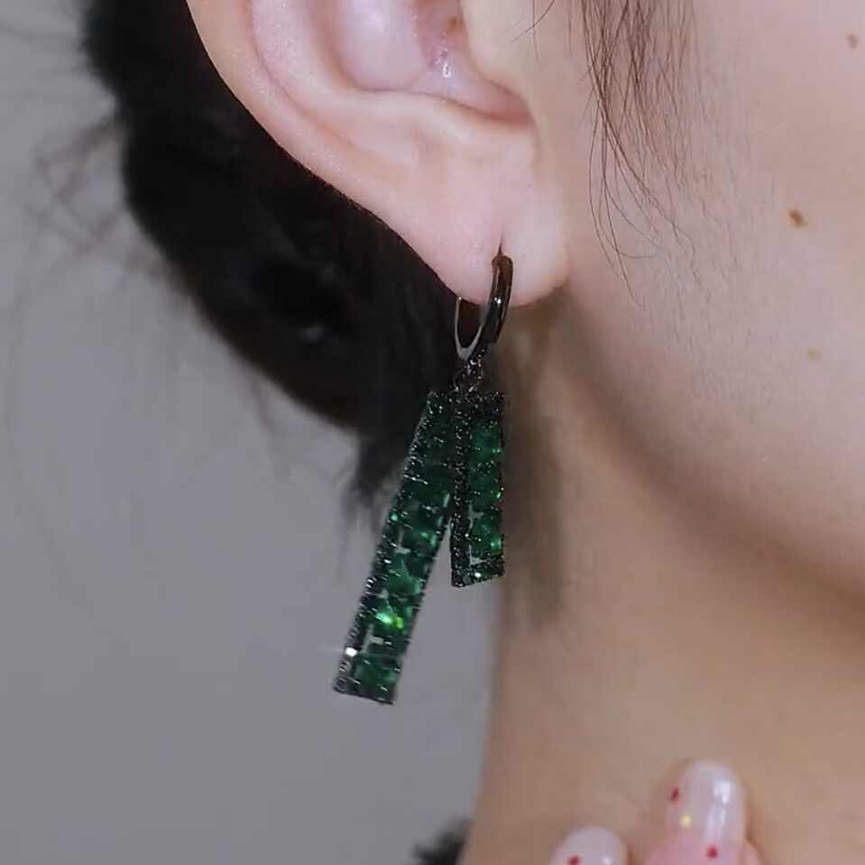 Rectangle Green Zircon Crystal Earrings for Women | Sparkly Geometric Statement Earrings