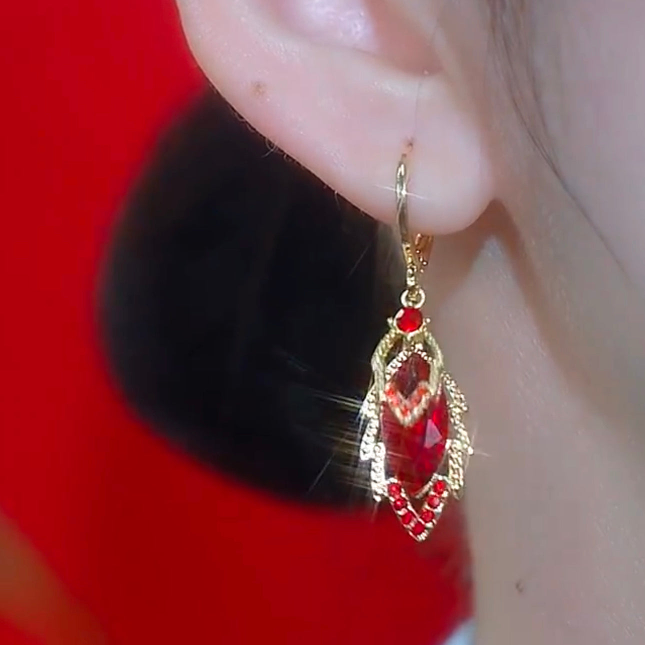 Exquisite Red Zircon Leaf Earrings With Diamonds