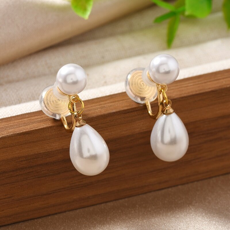 Clip-on Teardrop Pearl Earrings with Double-Pad Backs (For Non-Pierced Ears)