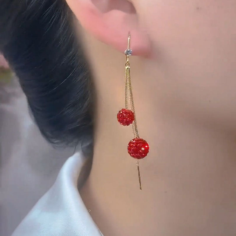 Women's Fashion Red Diamond Ball Tassel Earrings