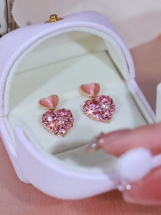 Exquisite Pink Cat's Eye Love Heart Stud Earrings Women's Accessories