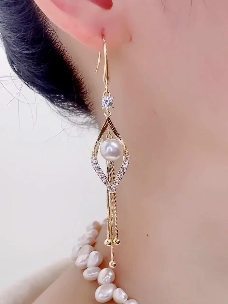 18K Gold Pearl Tassel Earrings Women's Accessories