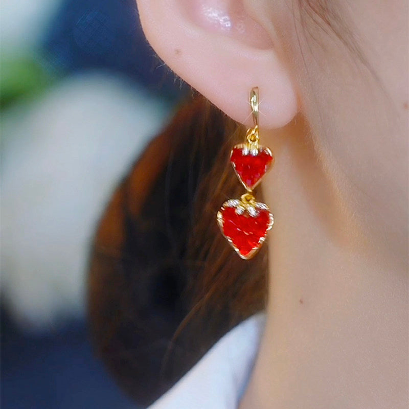 Elegant Red Heart Double-Drop Earrings – Sparkling Two-Way Statement Jewelry