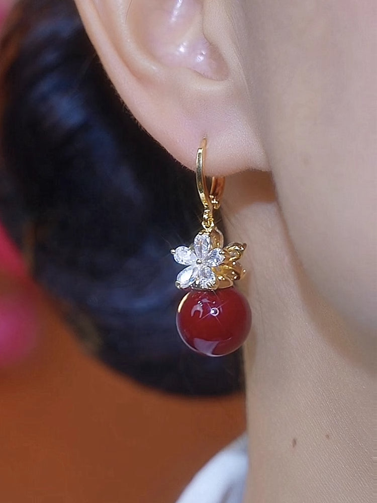 Red Pearl Zircon Flower Temperament Earrings
