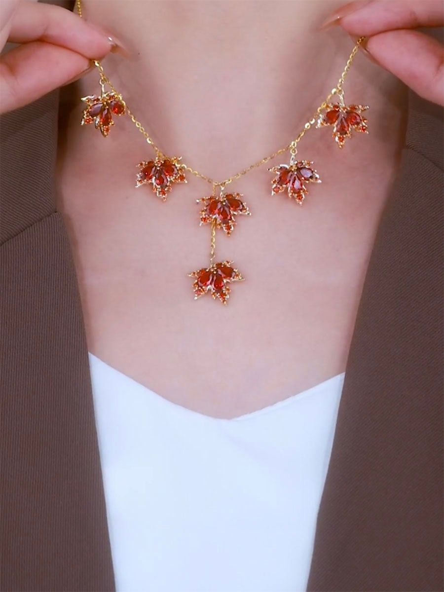 Gold And Red Diamond Maple Leaf Necklace