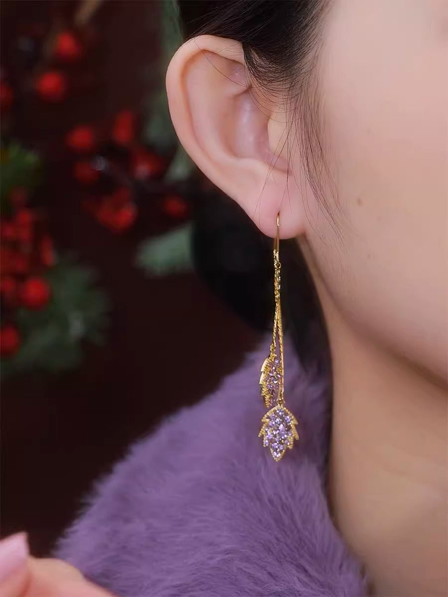 Purple Sparkling Damond Leaf Tassel Earrings For Women