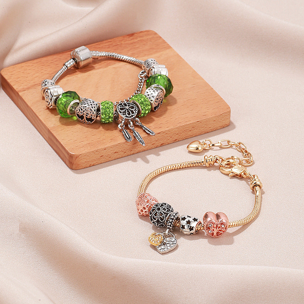Pulsera de moda con forma de corazón con cuentas de árbol de la vida, atrapasueños de ángel, borlas, joyería DIY