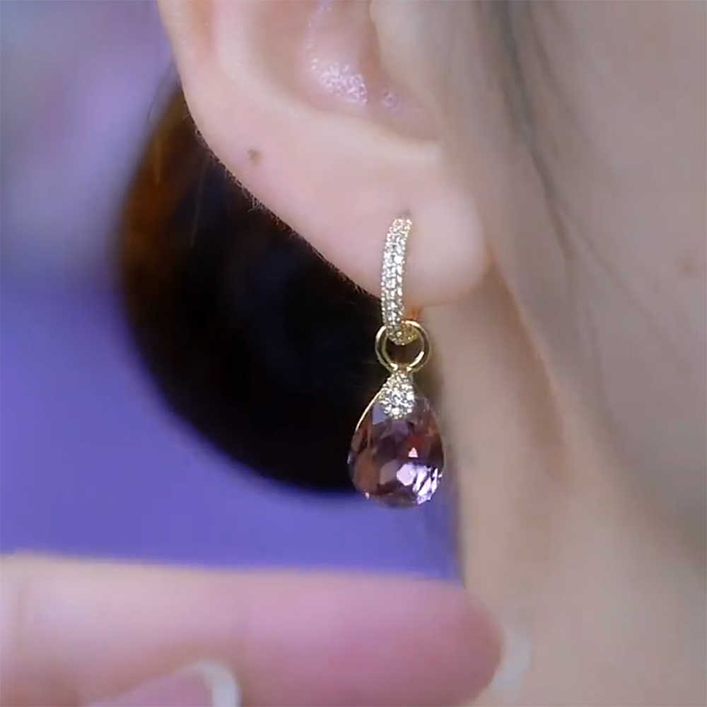 Diamond-Embellished Teardrop Purple Crystal Hoop Earrings — Elegant Women's Accessory