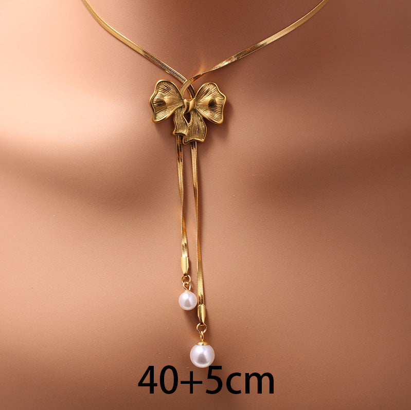 Fashionable Women'S Titanium Steel Imitation Pearl Beaded Layered Necklace