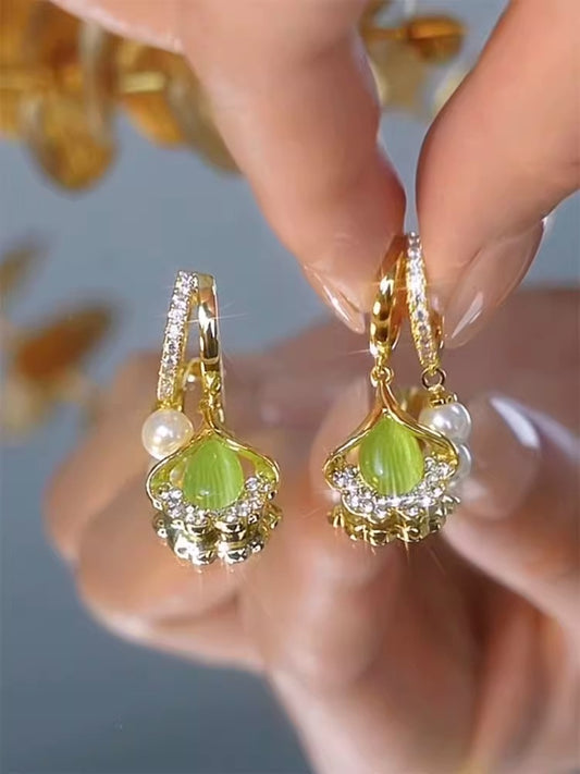 Ginkgo Leaf Temperament Cat's Eye Pearl Earrings