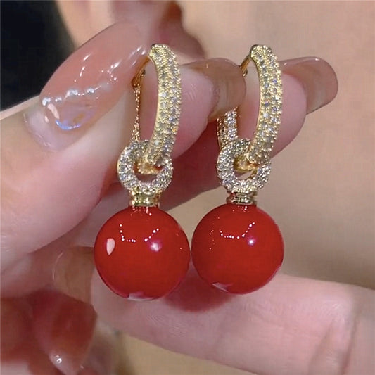 Fashionable and Exquisite Micro-inlaid Red Pearl And Zircon Earrings
