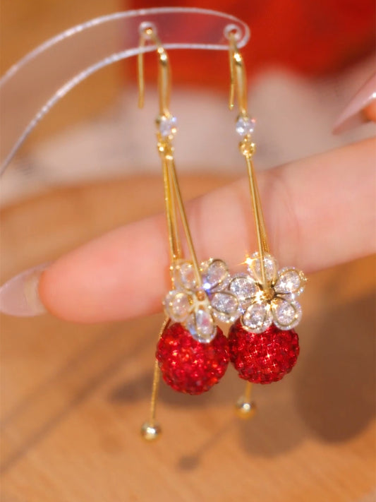 Zircon Flower Red Diamond Ball Earrings