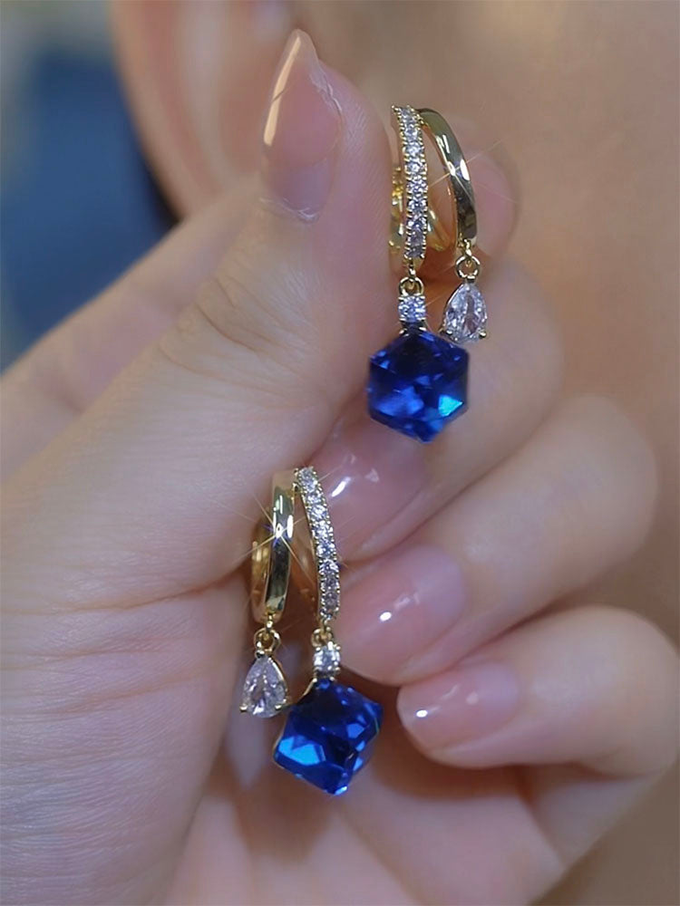 Women's Blue Crystal Sugar Cube Earrings