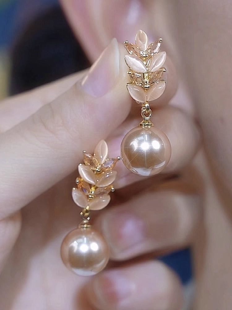 S925 Silver Needle Champagne Wheat Cat's Eye Pearl Earrings