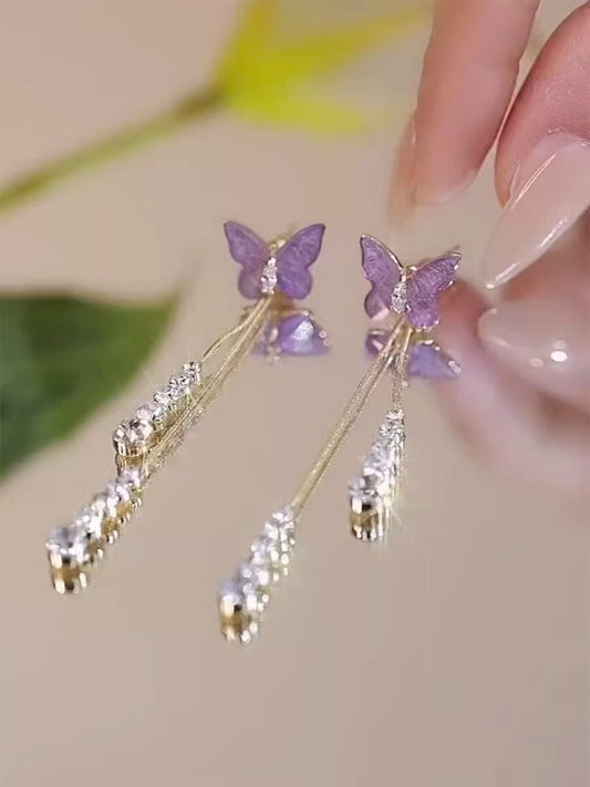 Purple Crystal Light Luxury Sparkling Diamond Butterfly Earrings