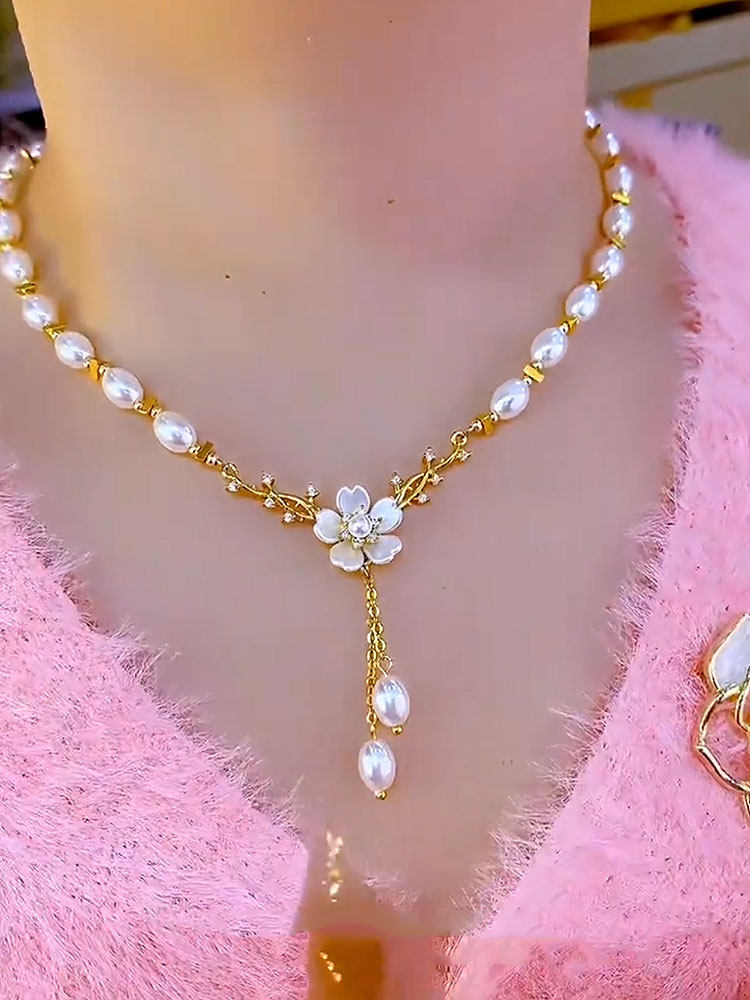 French-style High-end Floral Pearl Long Tassel Clavicle Necklace