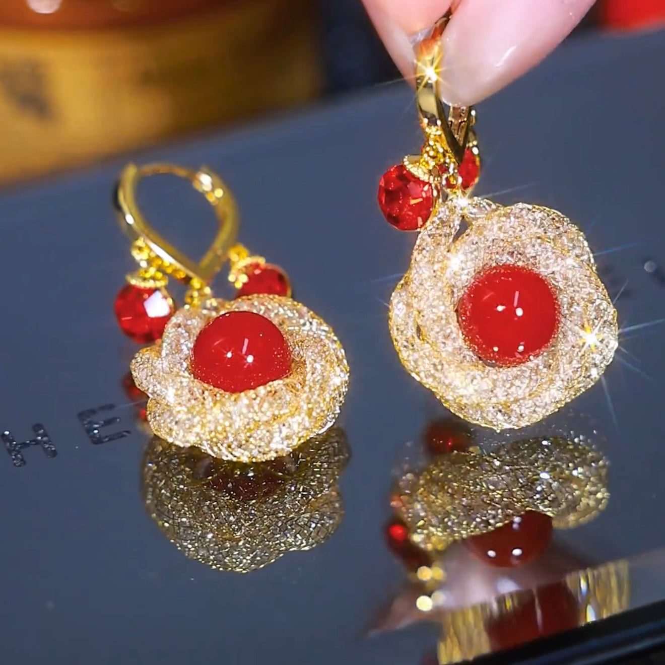 Red Bead Mesh Flower Earrings Feminine Fashion Accessories