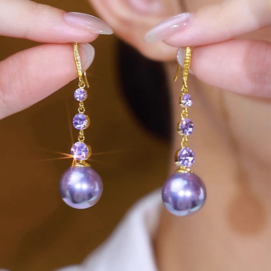 Pendientes largos de cuentas de temperamento de moda de color morado francés para mujer