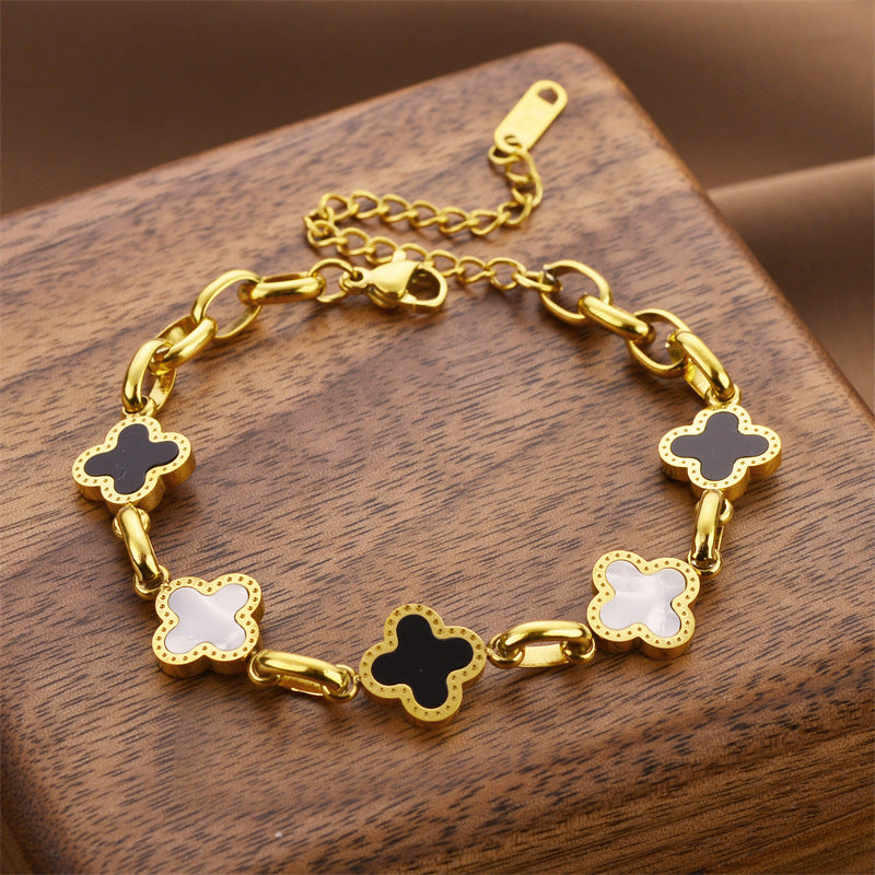 Temperament Black And White Four-leaf Clover Titanium Steel Bracelet For Women