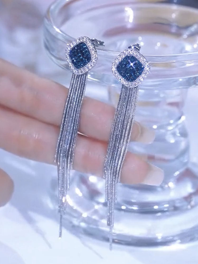 Sterling Silver Square Long Stud Earrings With Full Diamonds