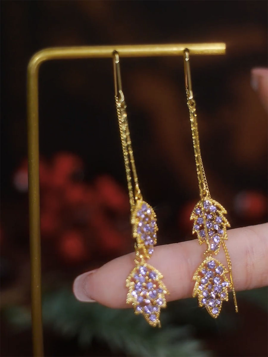 Purple Sparkling Damond Leaf Tassel Earrings For Women