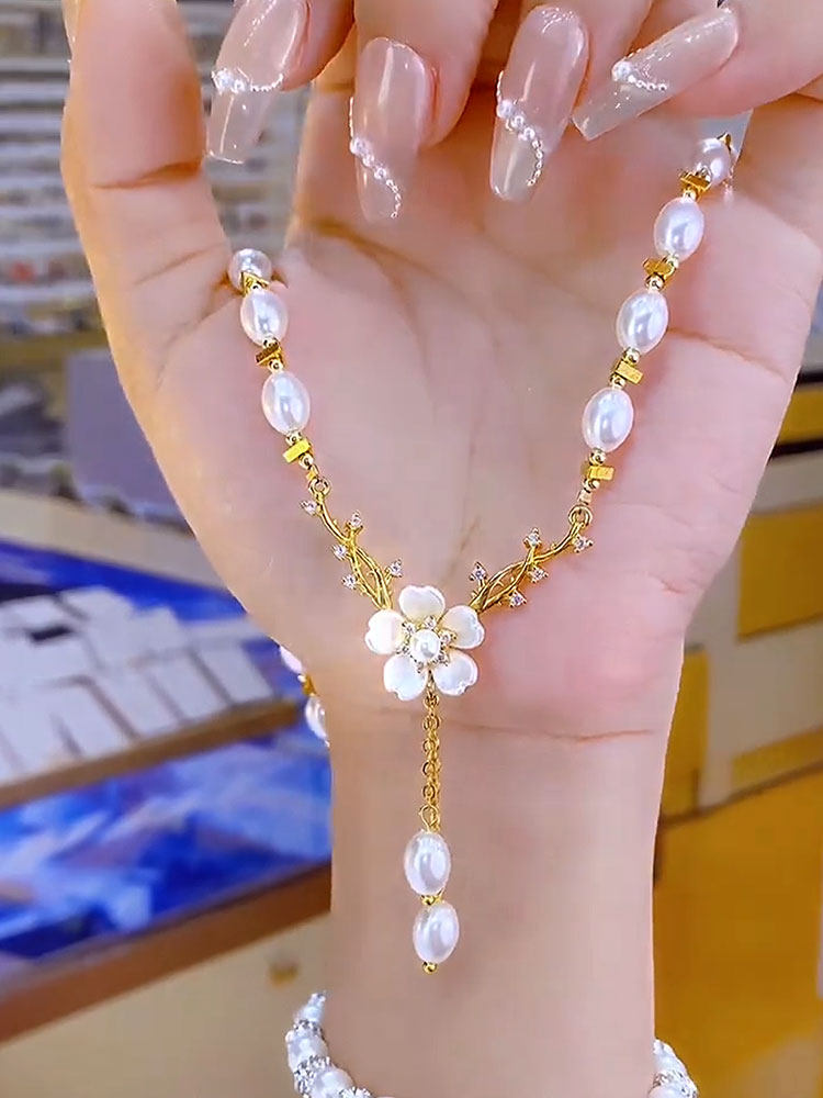 French-style High-end Floral Pearl Long Tassel Clavicle Necklace