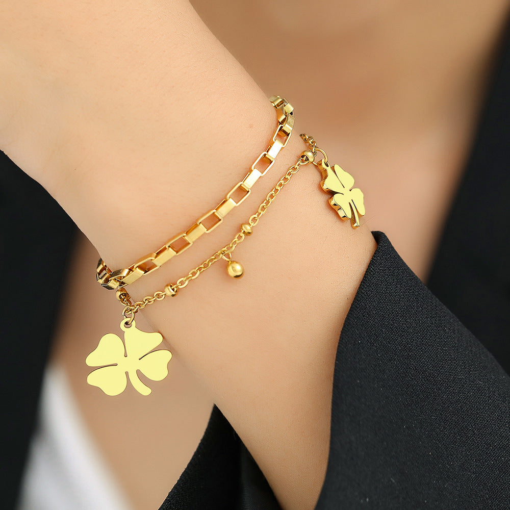Pulsera elegante de moda de doble capa con colgante de trébol de cuatro hojas de la suerte para mujer