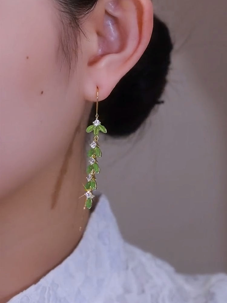 Long Green Leaf Diamond Tassel Earrings