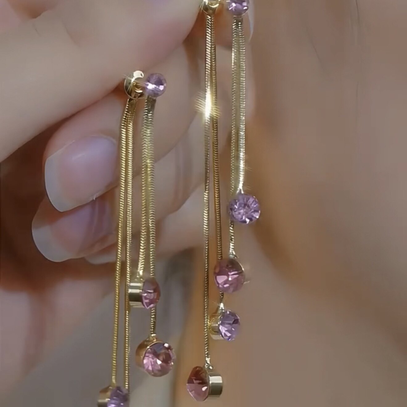 Long Tassel Earrings with Purple Crystal Spheres