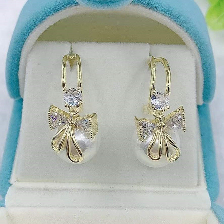 Women'S Designer Bow Pearl Earrings Silver Needle Earrings