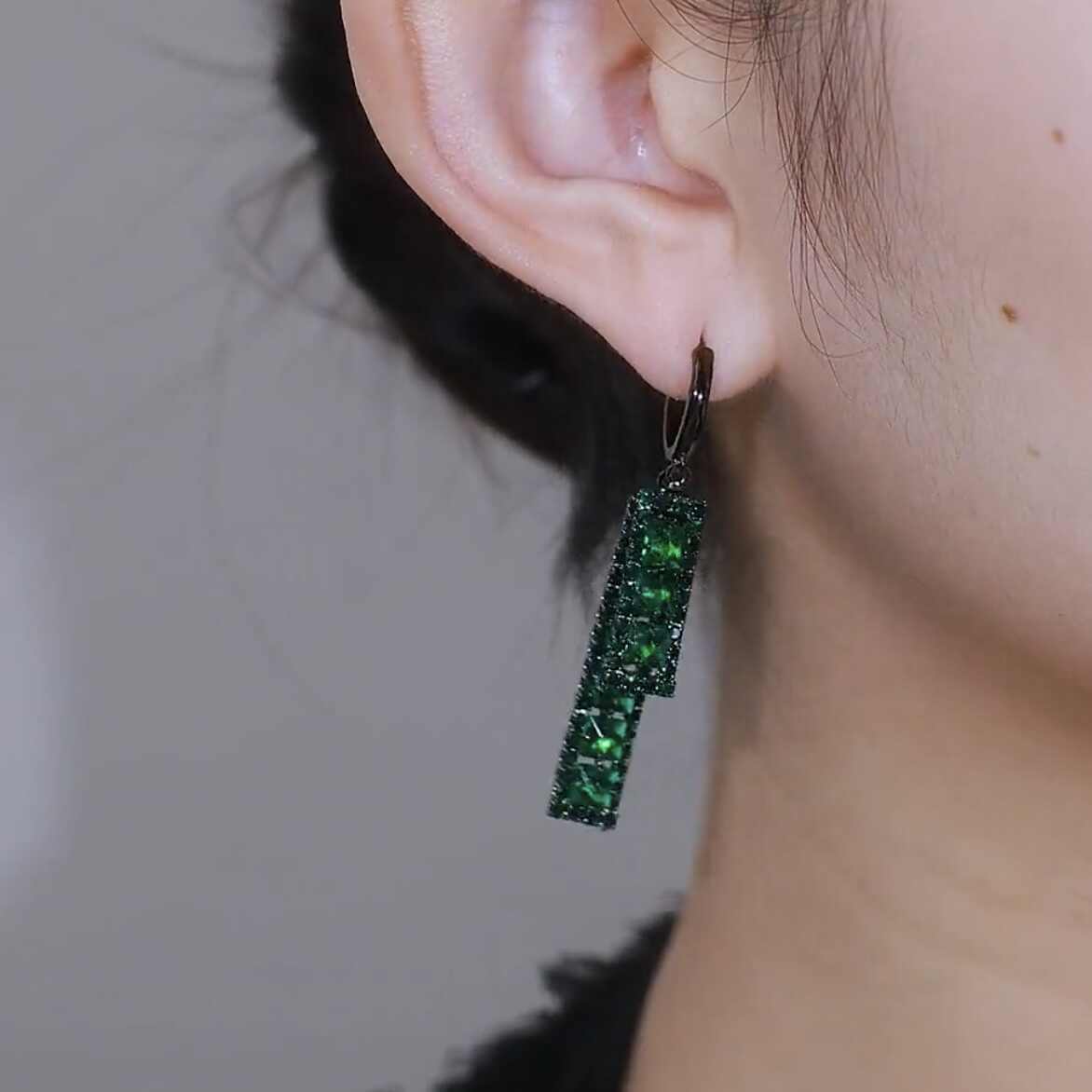 Rectangle Green Zircon Crystal Earrings for Women | Sparkly Geometric Statement Earrings