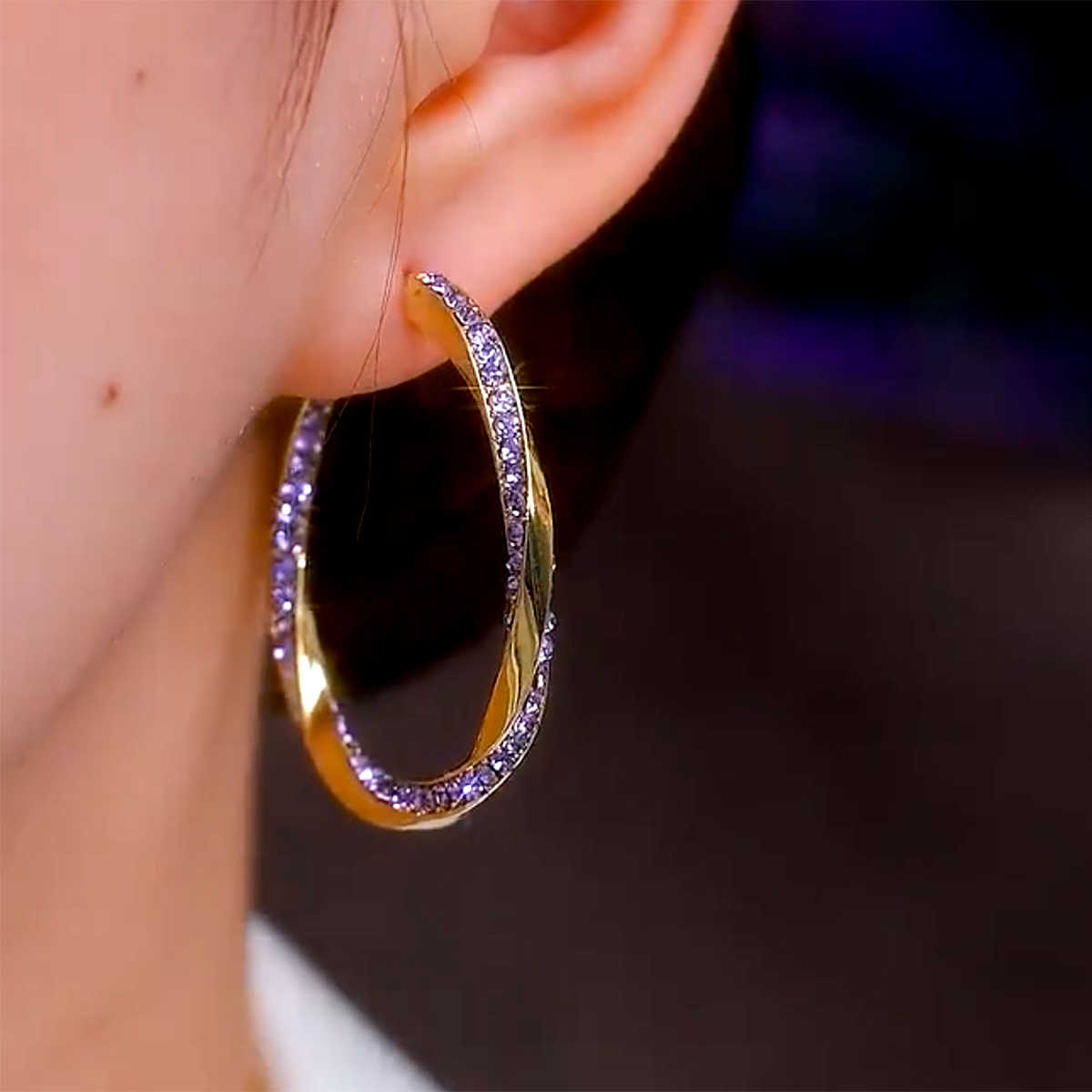French-style Twisted Hoop Earrings With Purple Rhinestones, Elegant Earrings