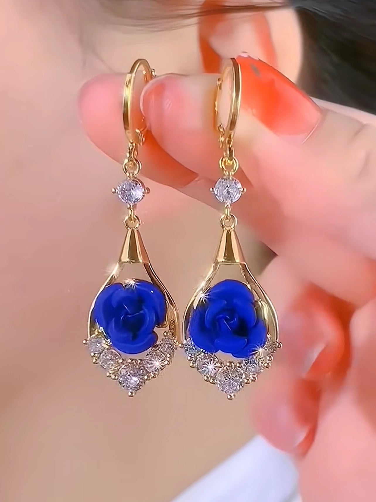 Elegant And Sophisticated Diamond-encrusted Blue Rose Earrings