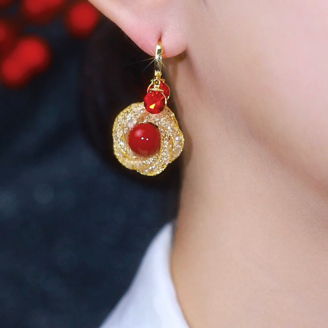 Red Bead Mesh Flower Earrings Feminine Fashion Accessories