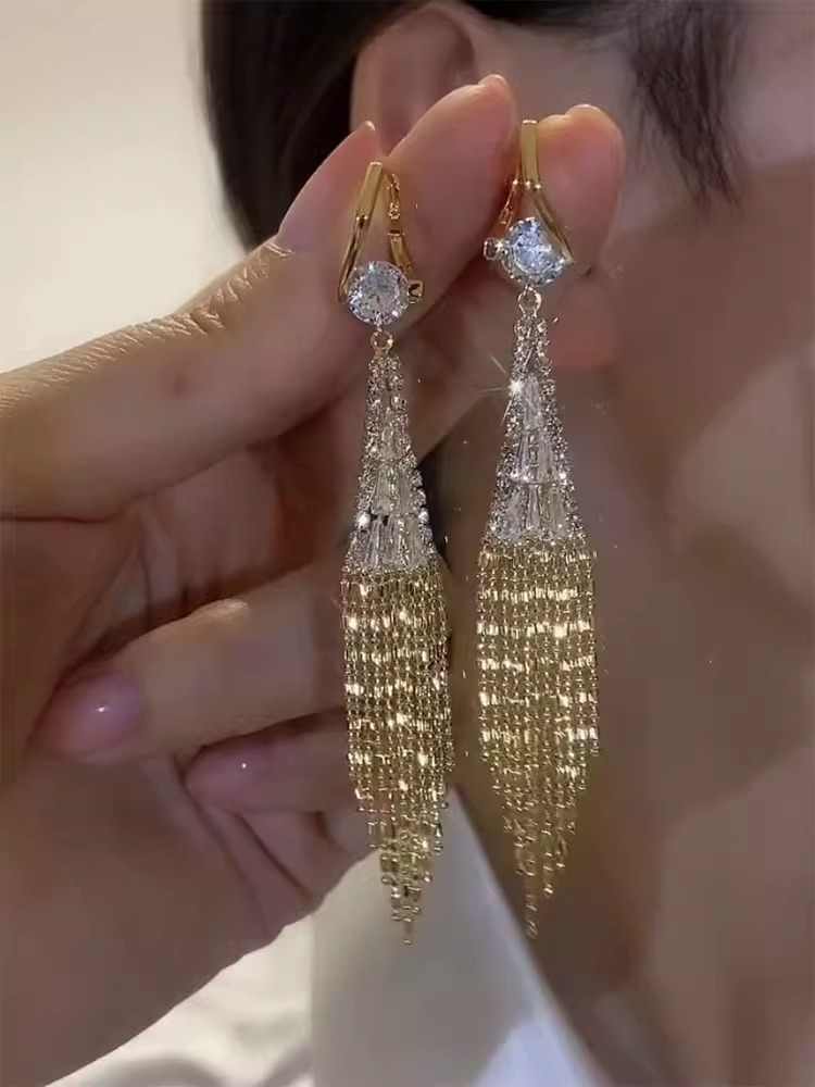 Light Luxury Zircon Tassel Earrings Women's Accessories