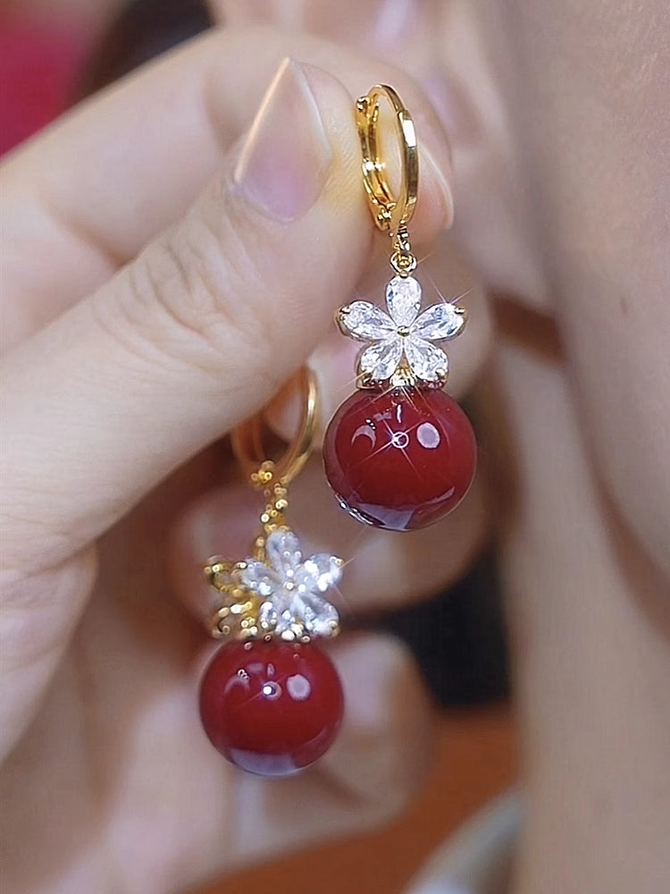 Red Pearl Zircon Flower Temperament Earrings